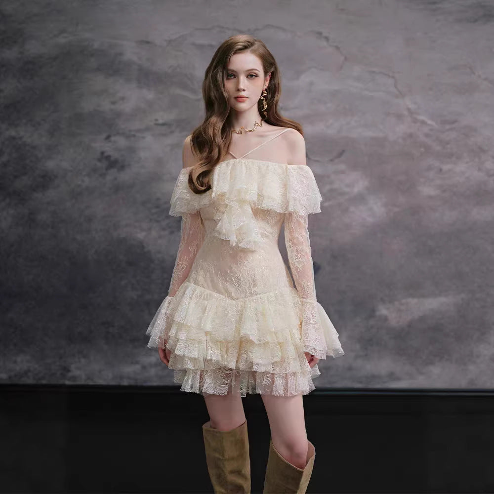 ELISHA OFF-SHOULDER LACE RUFFLE MINI DRESS
