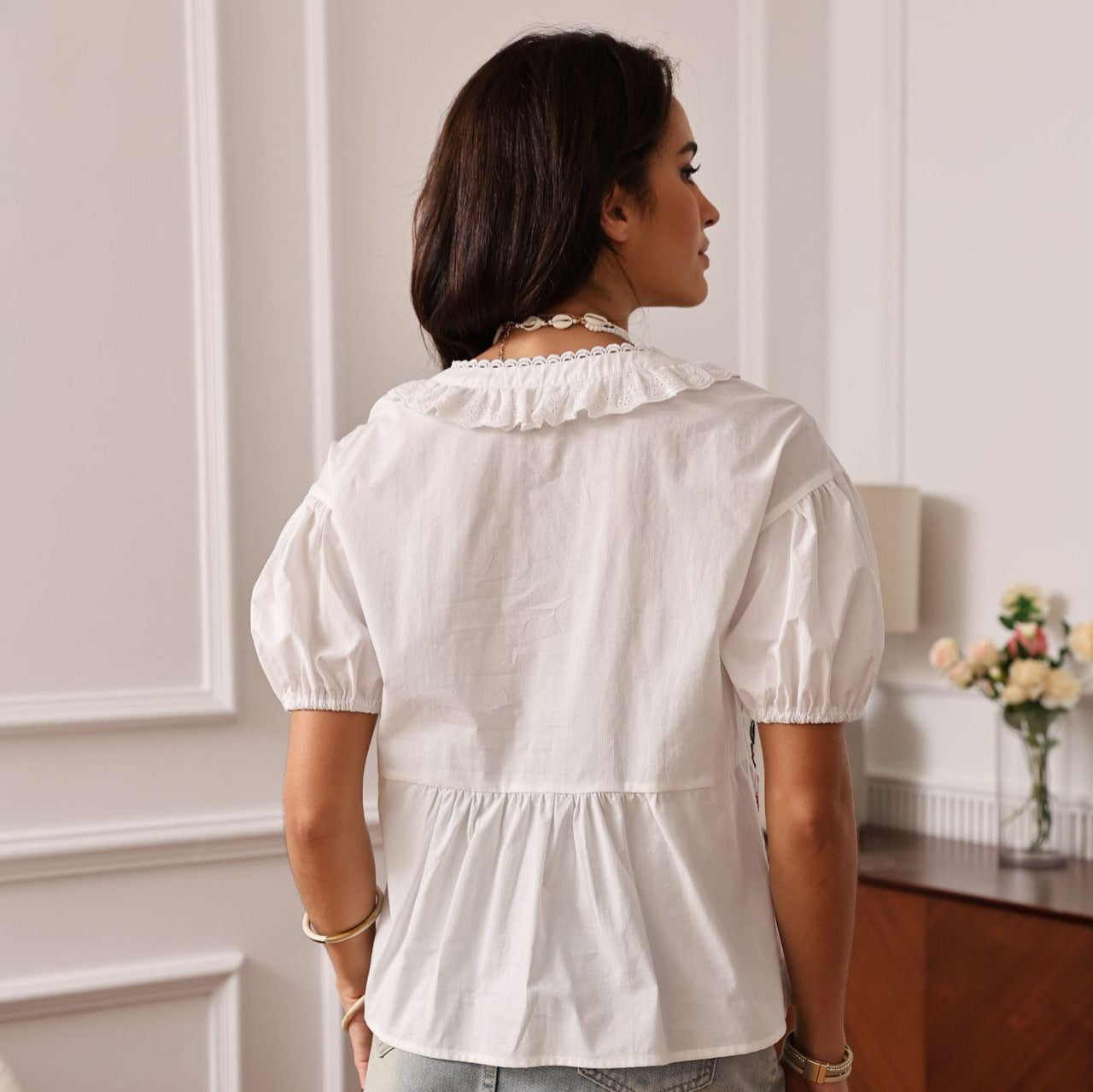 EMBROIDERED LACE HOLLOW TOP, SHORT SLEEVE, CASUAL