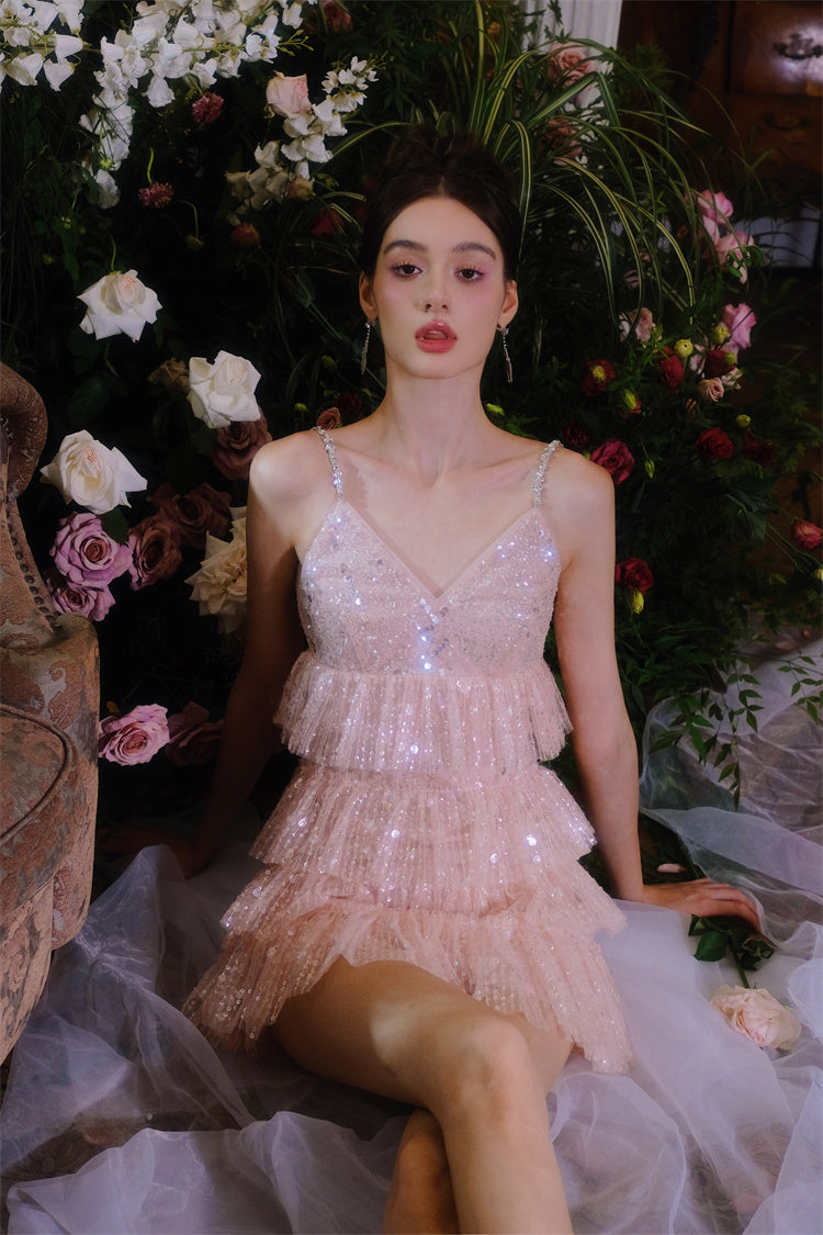 PINK SLEEVELESS SEQUIN RUFFLE SHORT PARTY DRESS
