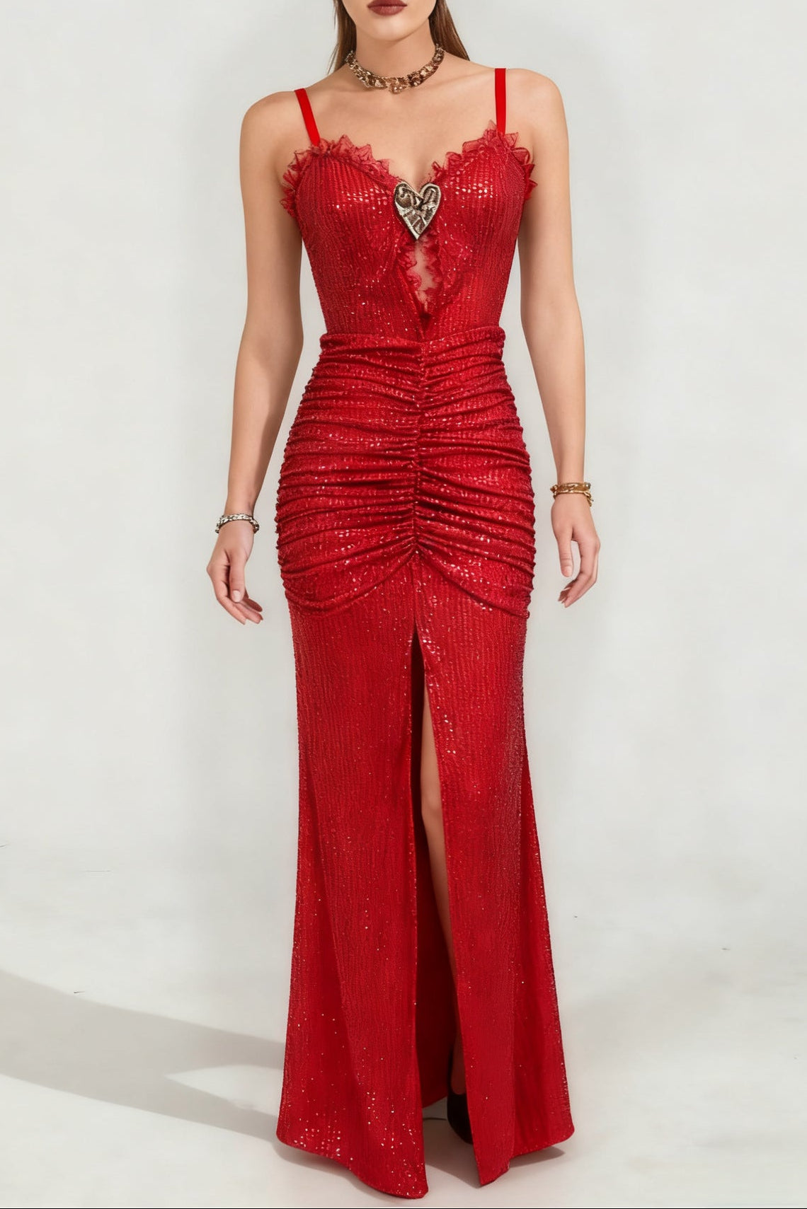 BERTHA RED HIGH SLIT SEQUIN MAXI DRESS