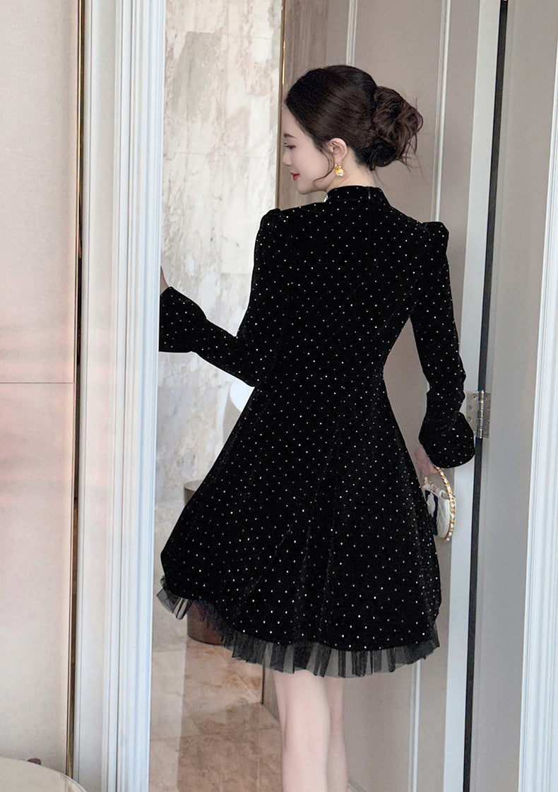 WENDY VELVET POLKA DOT MINI DRESS, BLACK, LONG SLEEVE