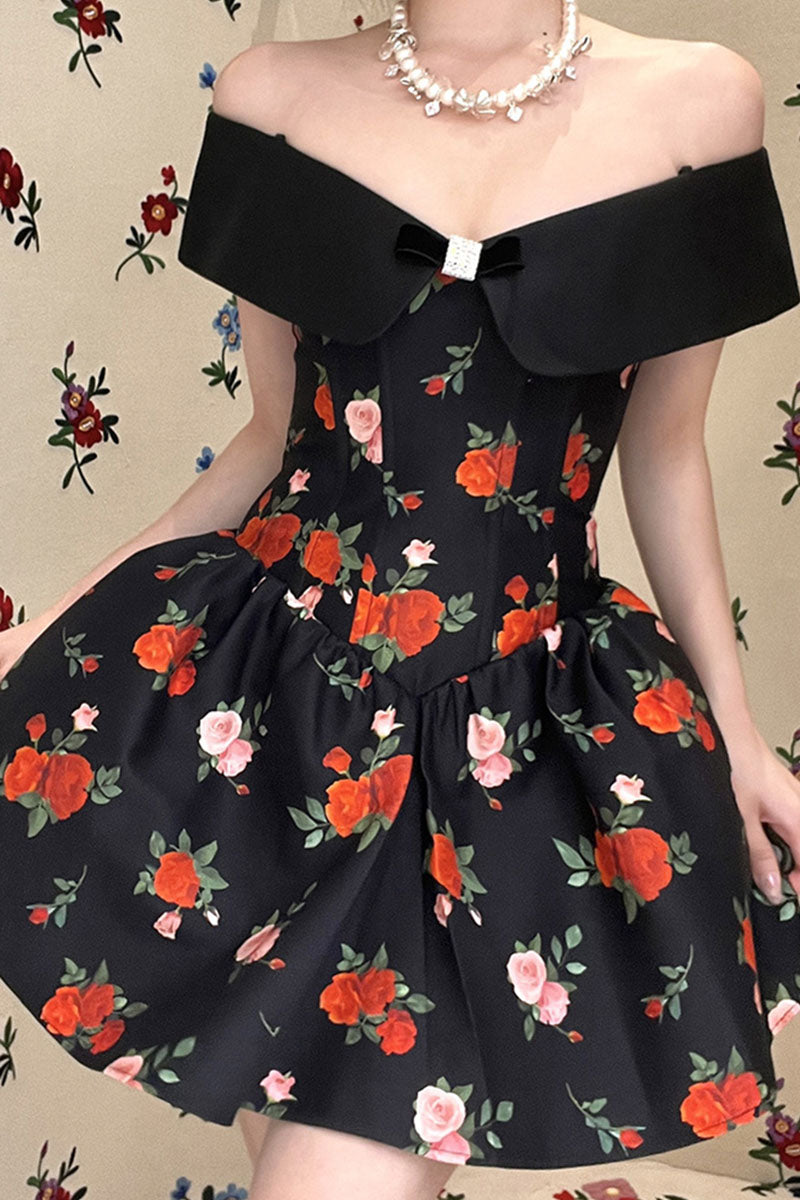 BLACK FLORAL MINI DRESS FOR COCKTAIL PARTY
