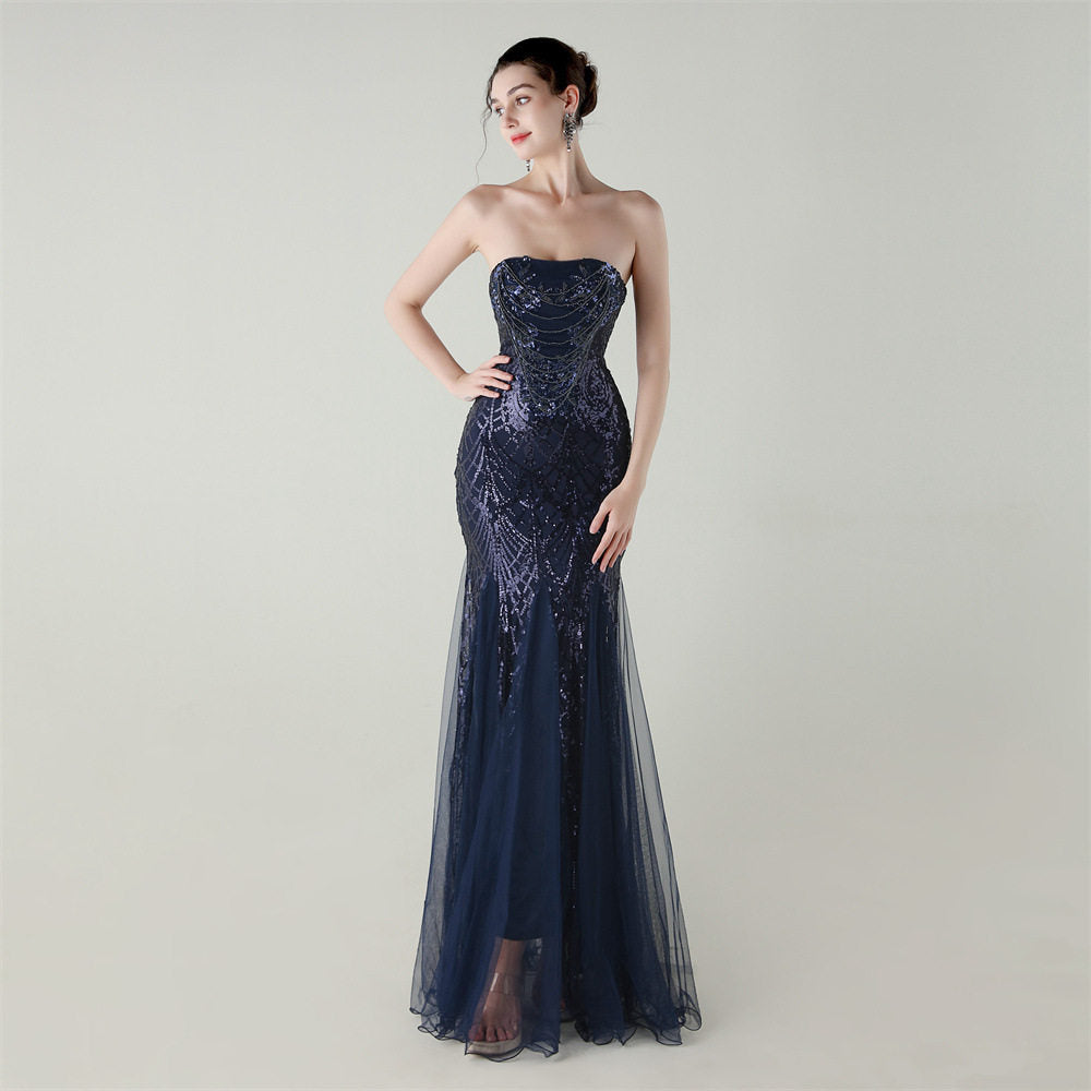 SEQUIN STRAPLESS TULLE MAXI DRESS FOR PARTY