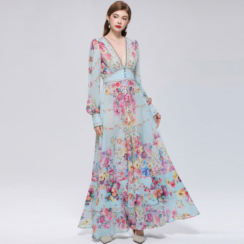 XAVIERA A-LINE PRINTED MAXI DRESS IN CHIFFON MESH