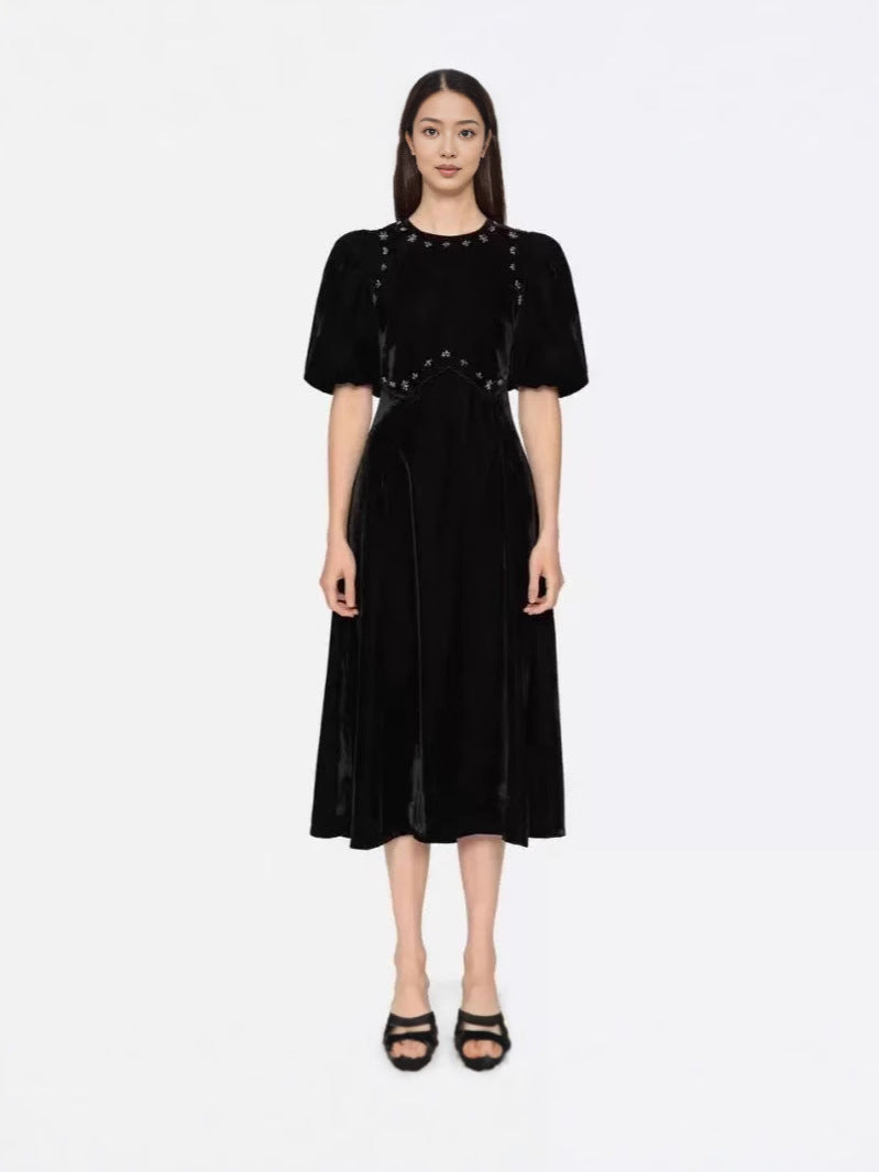 CRYSTAL PUFF MIDI DRESS BLACK, EVENING