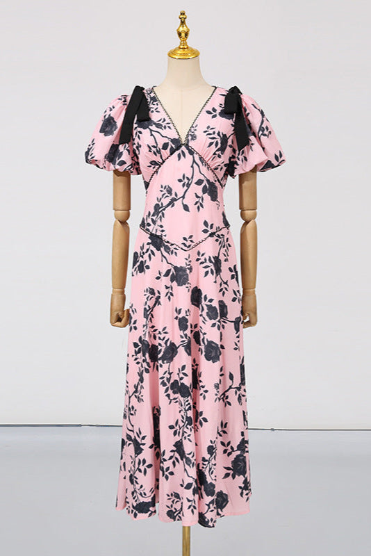 V-NECK SATIN FLORAL MIDI DRESS PINK