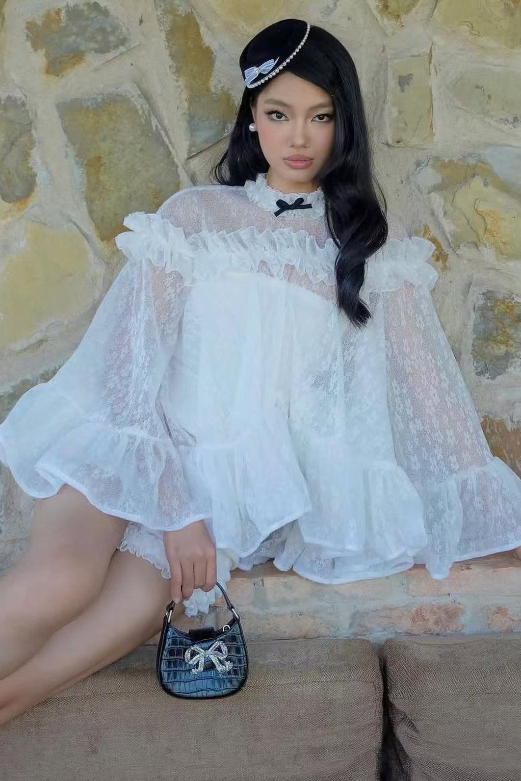 VANESSA WHITE LACE RUFFLED TOP & SHORTS SET
