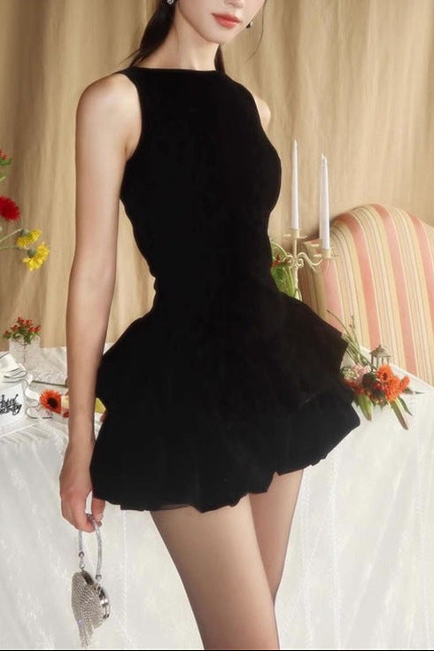 CANDANCE PUFFY VELVET MINI DRESS, BLACK