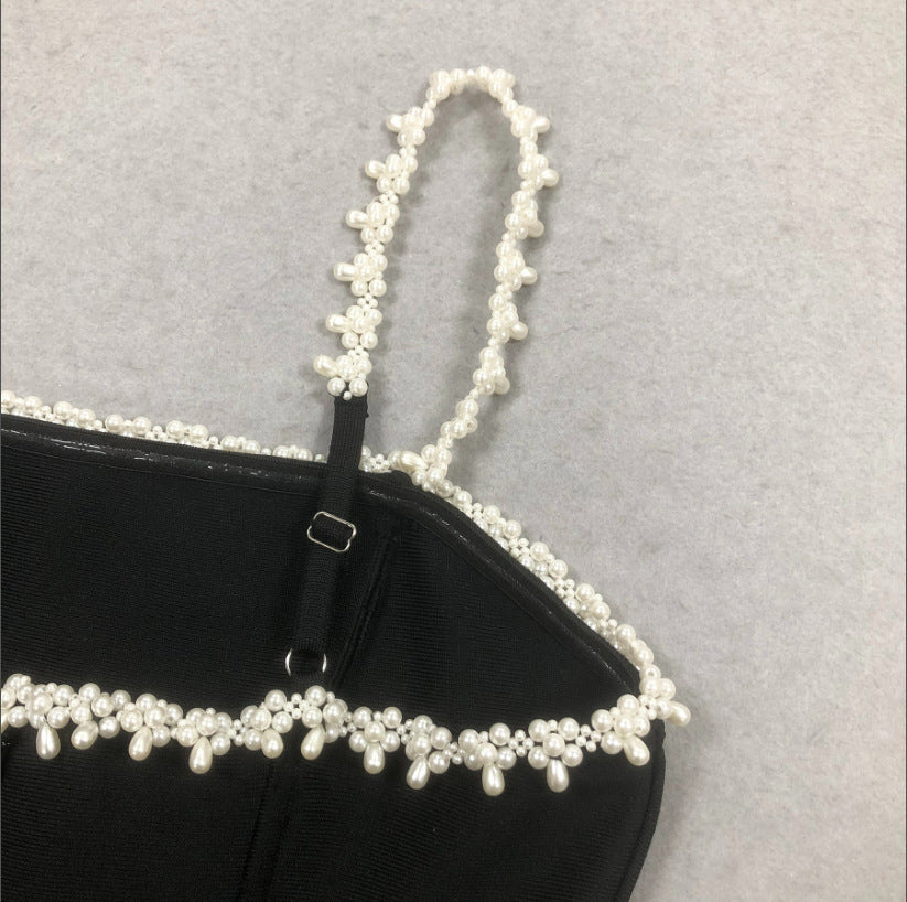 PEARL STRAP MINI DRESS, BLACK COCKTAIL