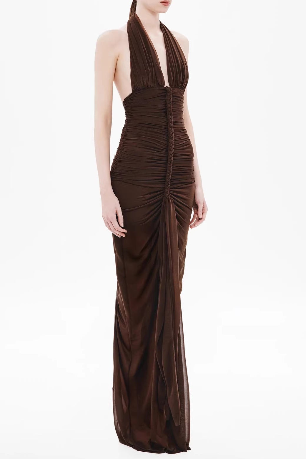 NANCY V-NECK BRAIDED BODYCON MAXI DRESS BROWN