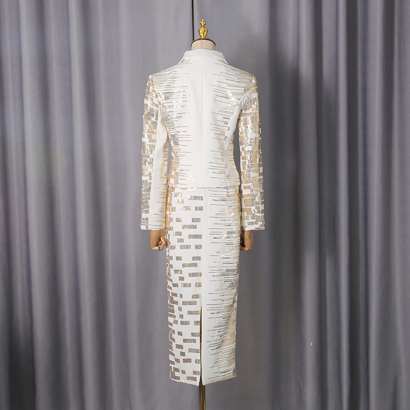 HIGH-WAIST GOLD SEQUIN SKIRT & BLAZER SUIT, WHITE