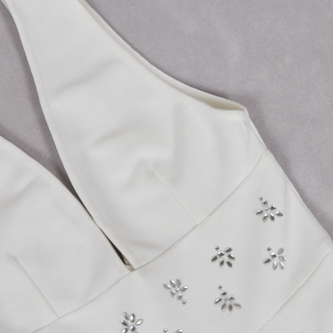 LILY WHITE V-NECK MIDI DRESS FOR WEDDING GUEST