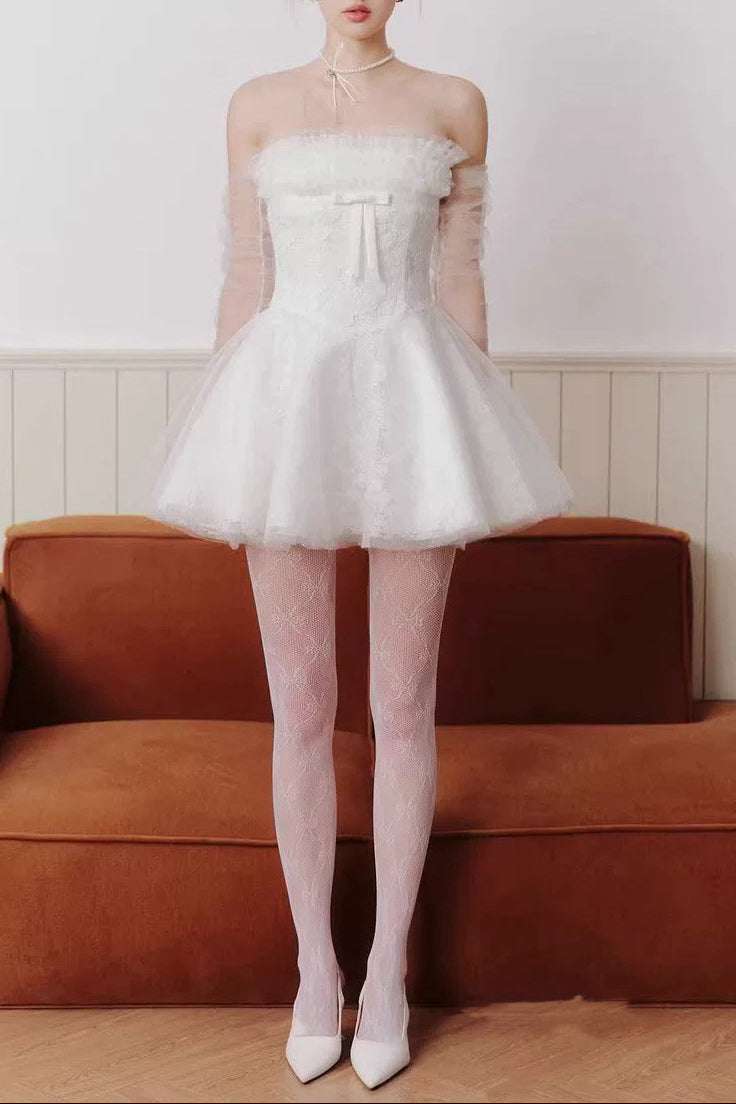 WHITE LACE A-LINE STRAPLESS MINI DRESS