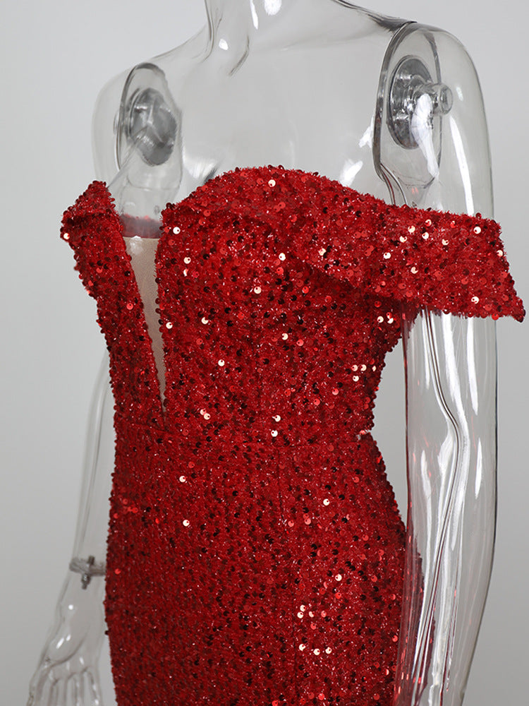 RED OFF-SHOULDER SEQUIN PARTY DRESS