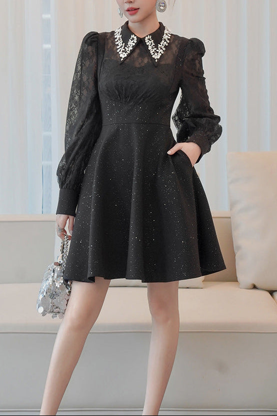 LYNN BLACK RHINESTONE LACE HOLLOW SLEEVE MINI DRESS