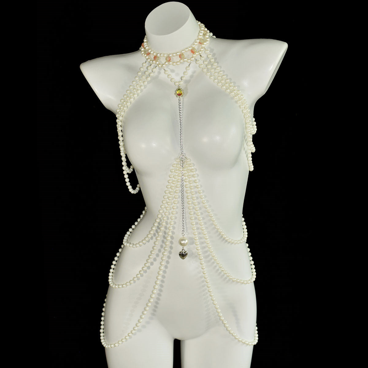 CREAM TULLE PLEATED DEEP V MAXI GOWN PEARL BODY CHAIN