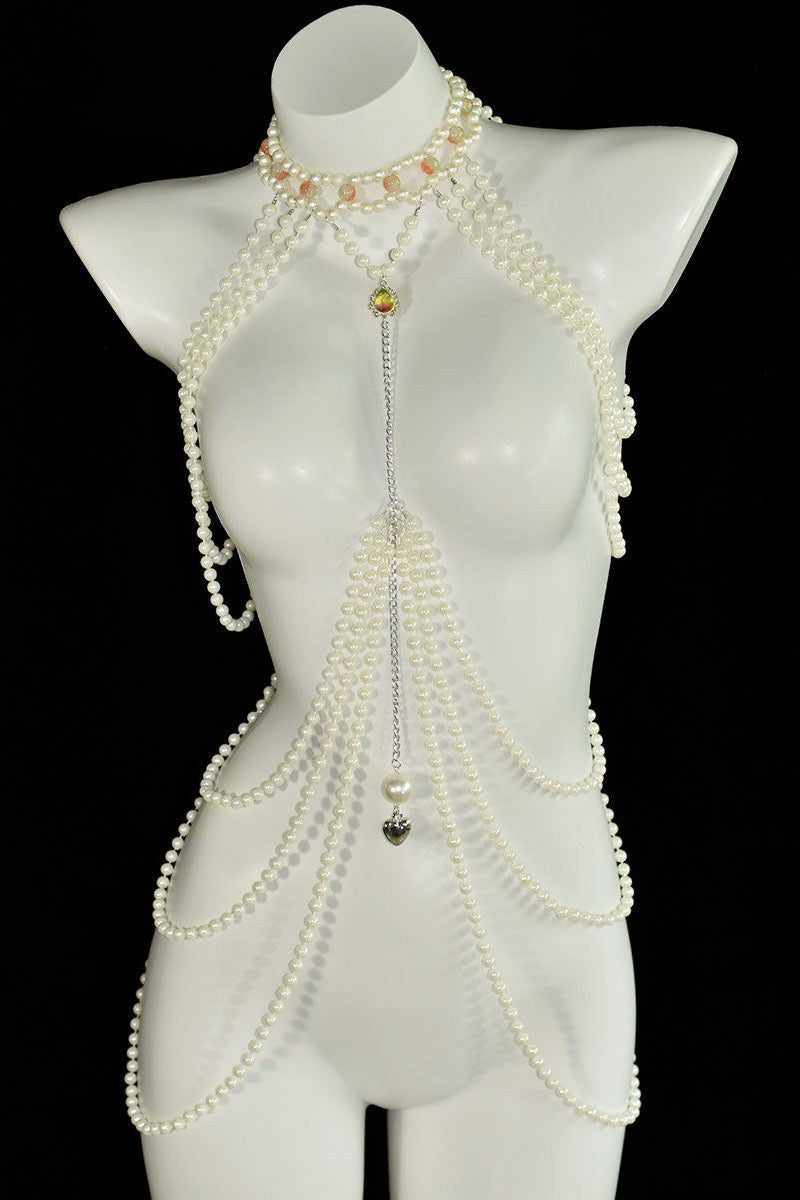 CREAM TULLE PLEATED DEEP V MAXI GOWN PEARL BODY CHAIN