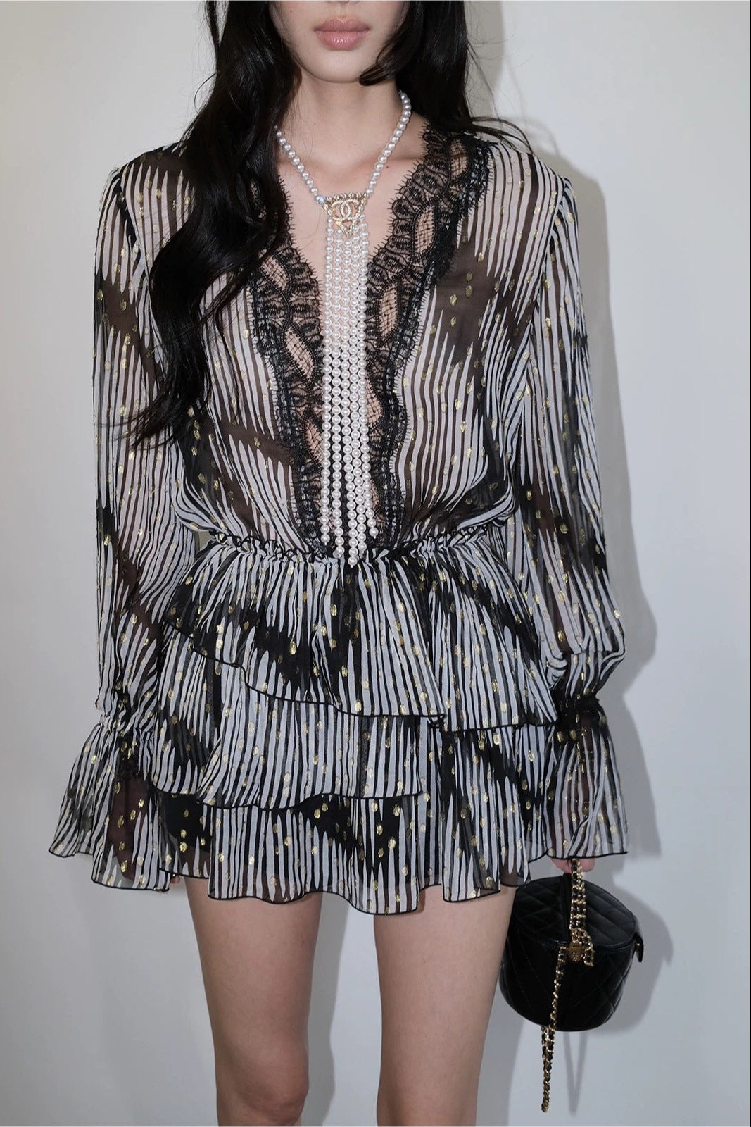 GEORGIA GOLD LACE JACQUARD MINI SHIRT DRESS - BLACK