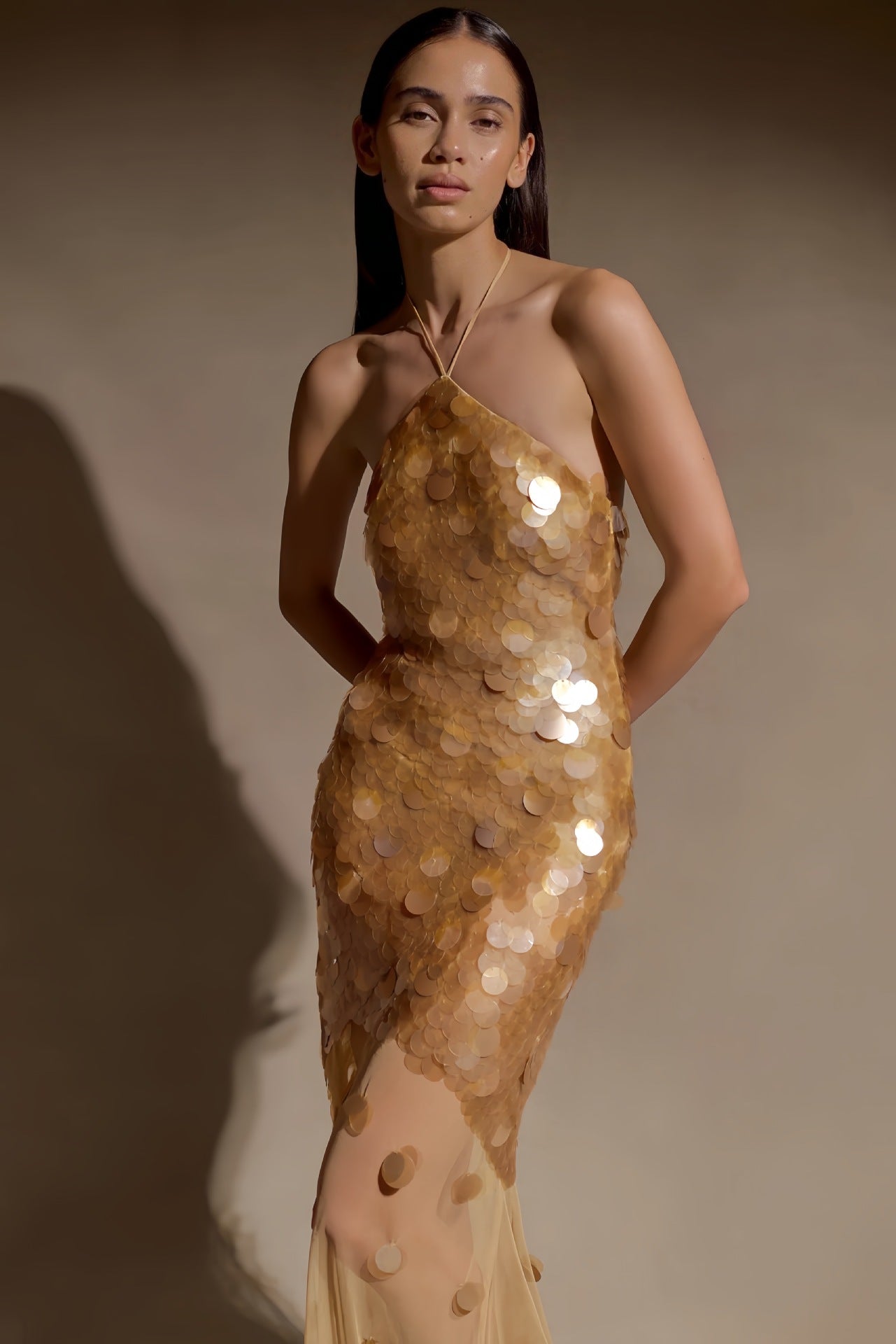 ALVA GOLD BACKLESS SEQUIN MAXI DRESS