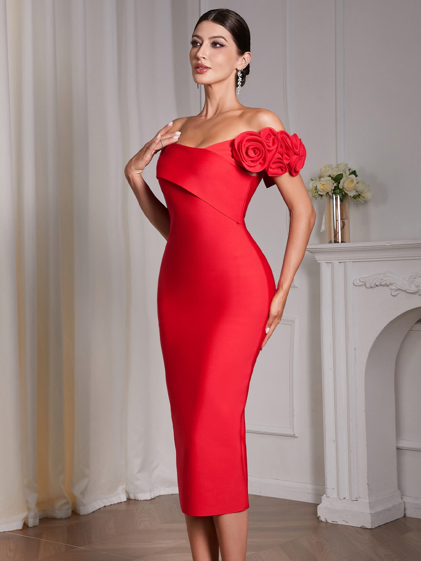 JESSICA RED 3D FLOWER BANDAGE MIDI DRESS