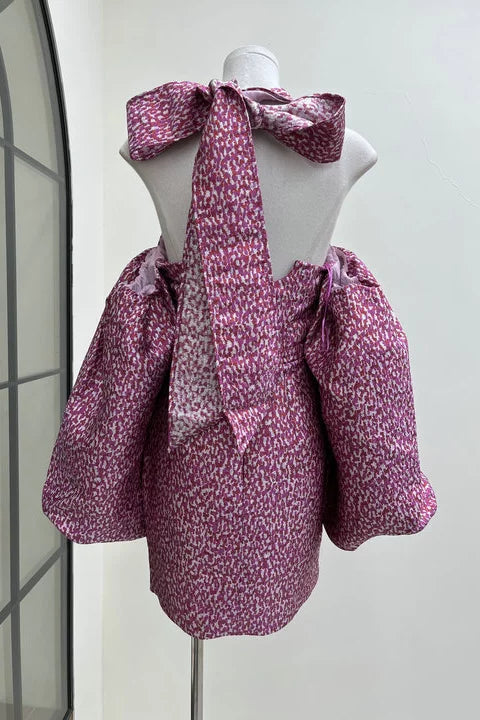 JACQUARD ROSE PINK HALTER MINI DRESS
