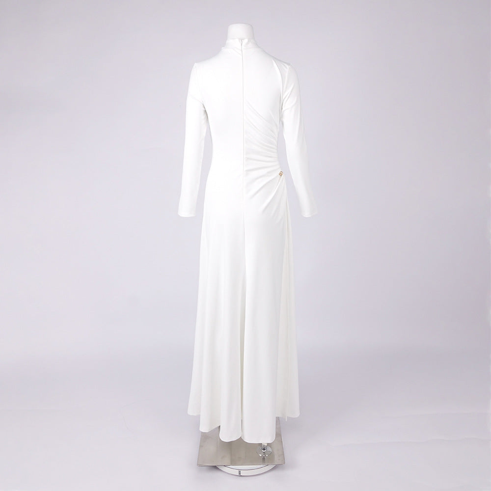 RITA METALLIC MAXI DRESS, LONG SLEEVE, HIGH SLIT, WHITE