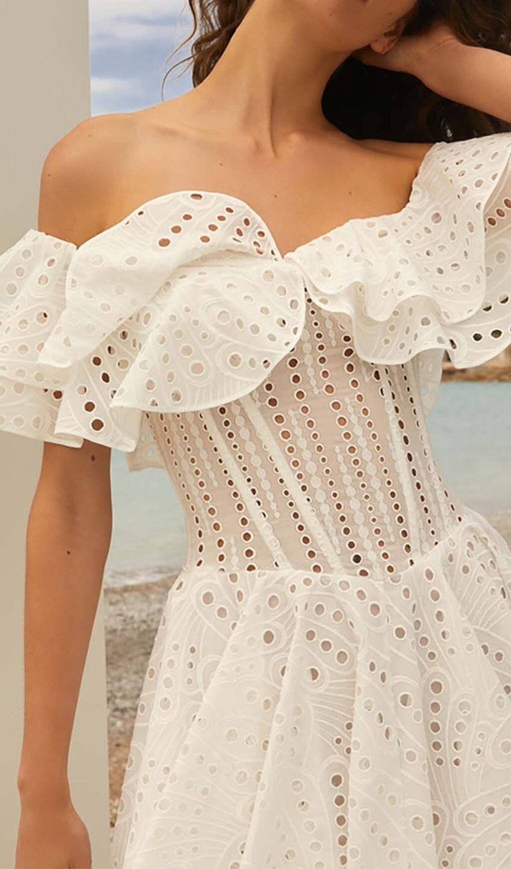 OFF-SHOULDER WHITE MINI PRINT DRESS FOR PARTY