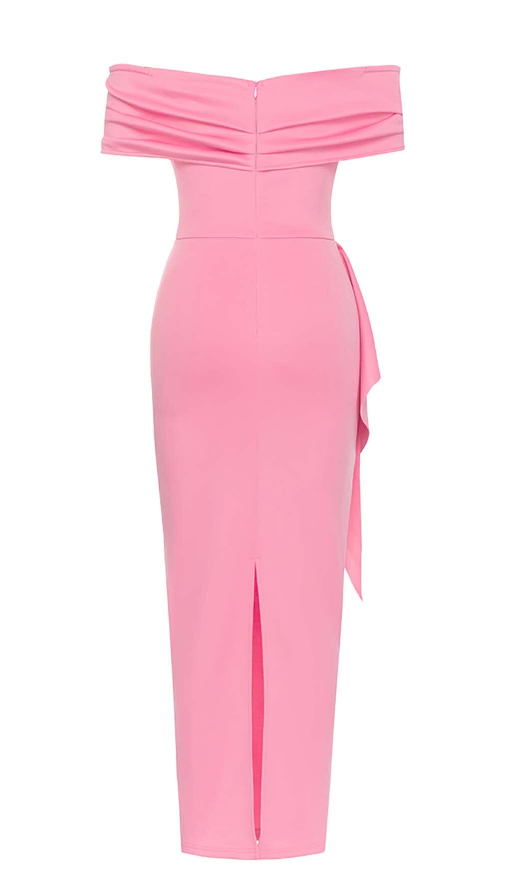 OFF SHOULDER SIDE SPLIT MIDI PINK DRESS