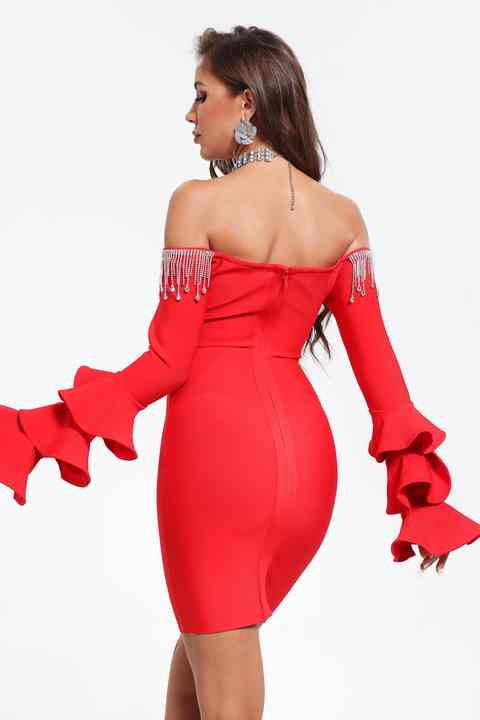 OFF SHOULDER MINI BANDAGE BODYCON PARTY DRESS