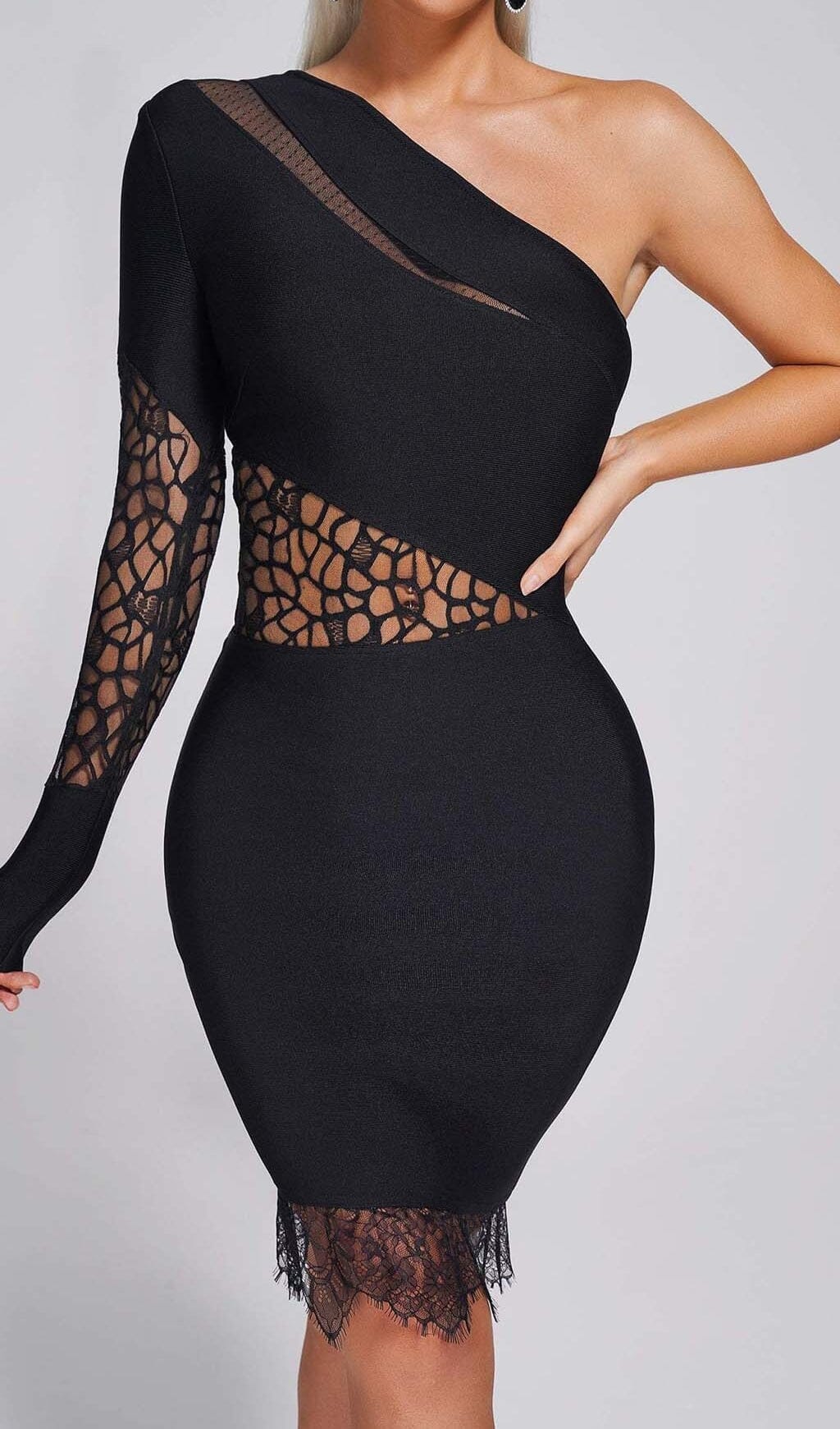 ONE SHOULDER LACE MIDI DRESS BLACK WEDDING