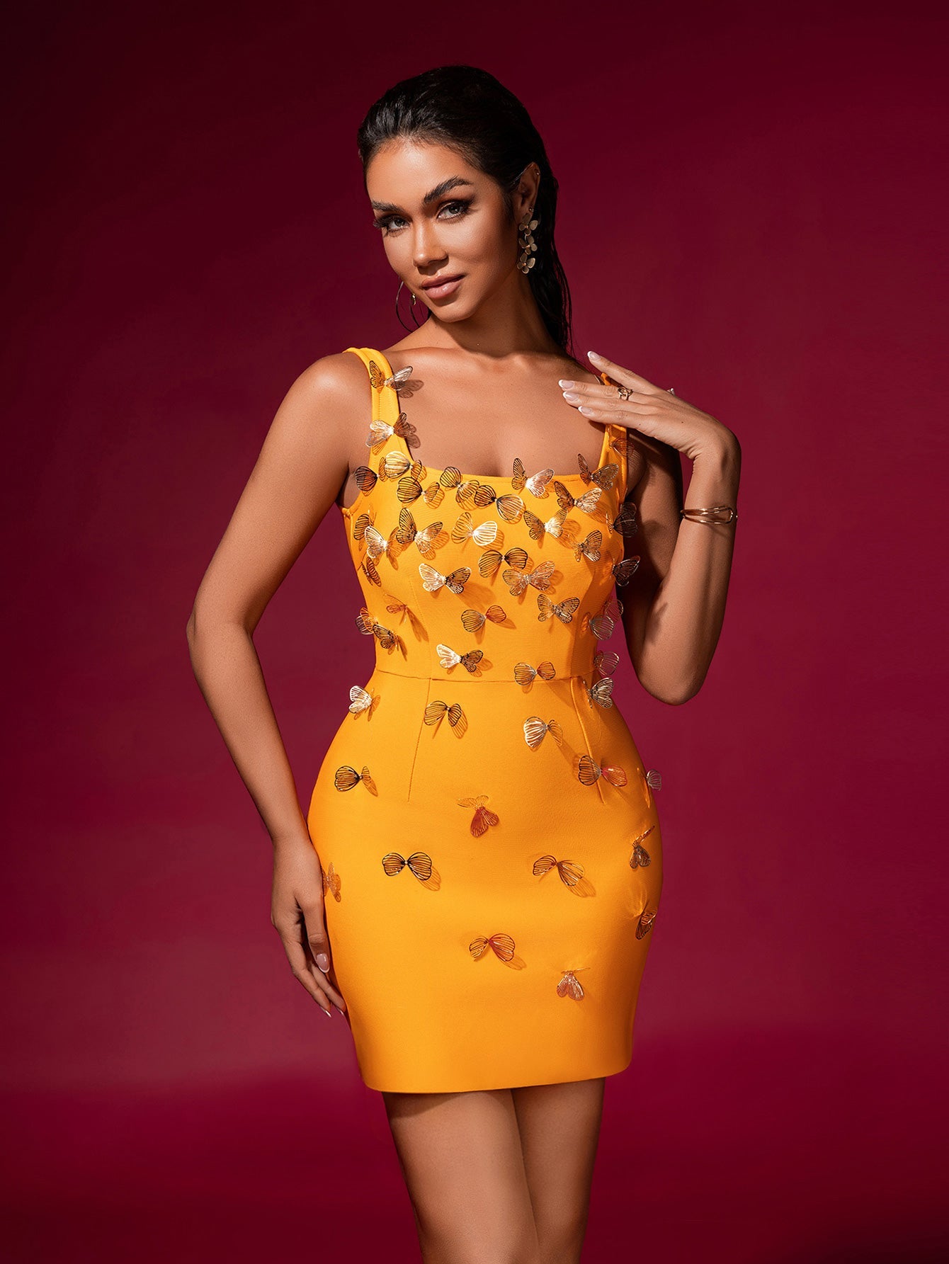 LOUISE YELLOW BUTTERFLY BANDAGE MINI DRESS