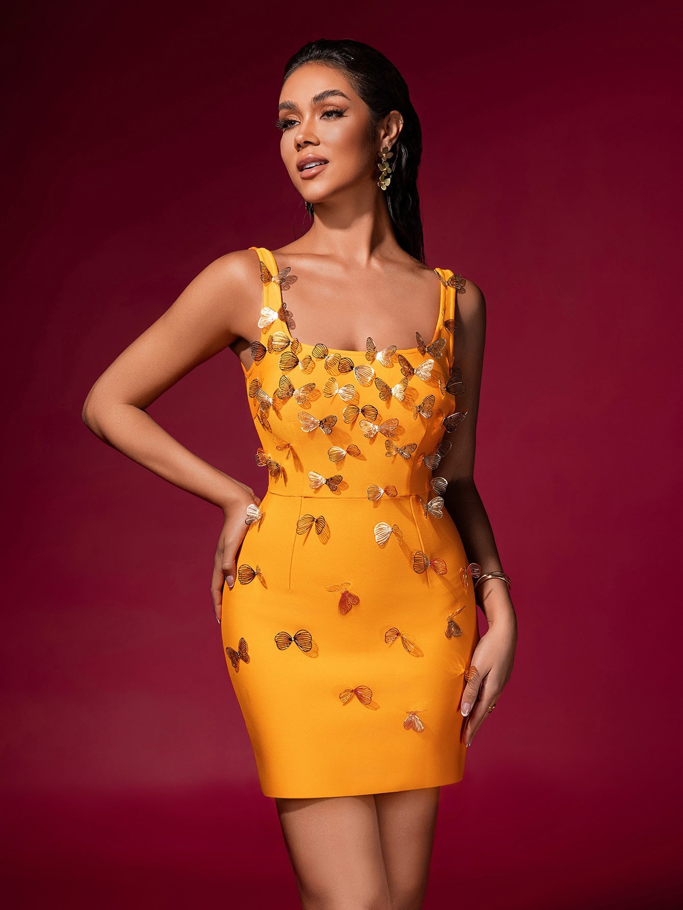 LOUISE YELLOW BUTTERFLY BANDAGE MINI DRESS