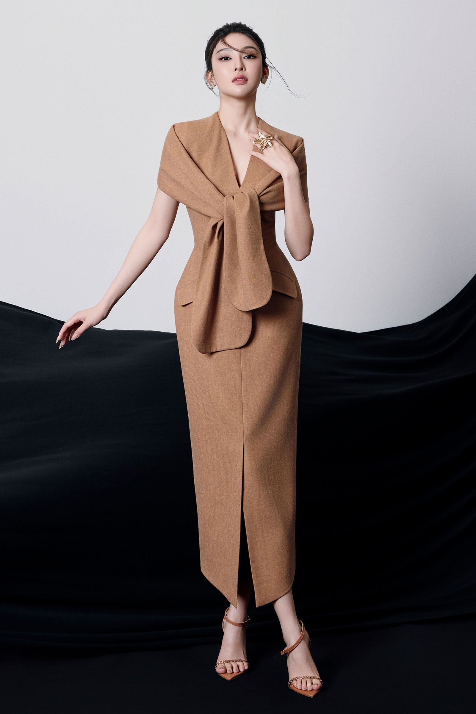 BEVERLY V-NECK DRAPED MIDI DRESS FOR EVENING