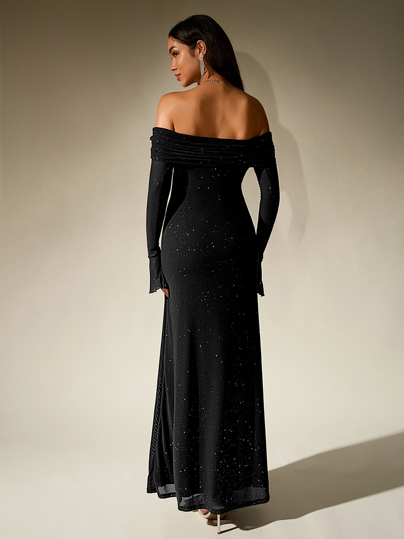 OFF SHOULDER MESH SEQUIN PARTY DRESS