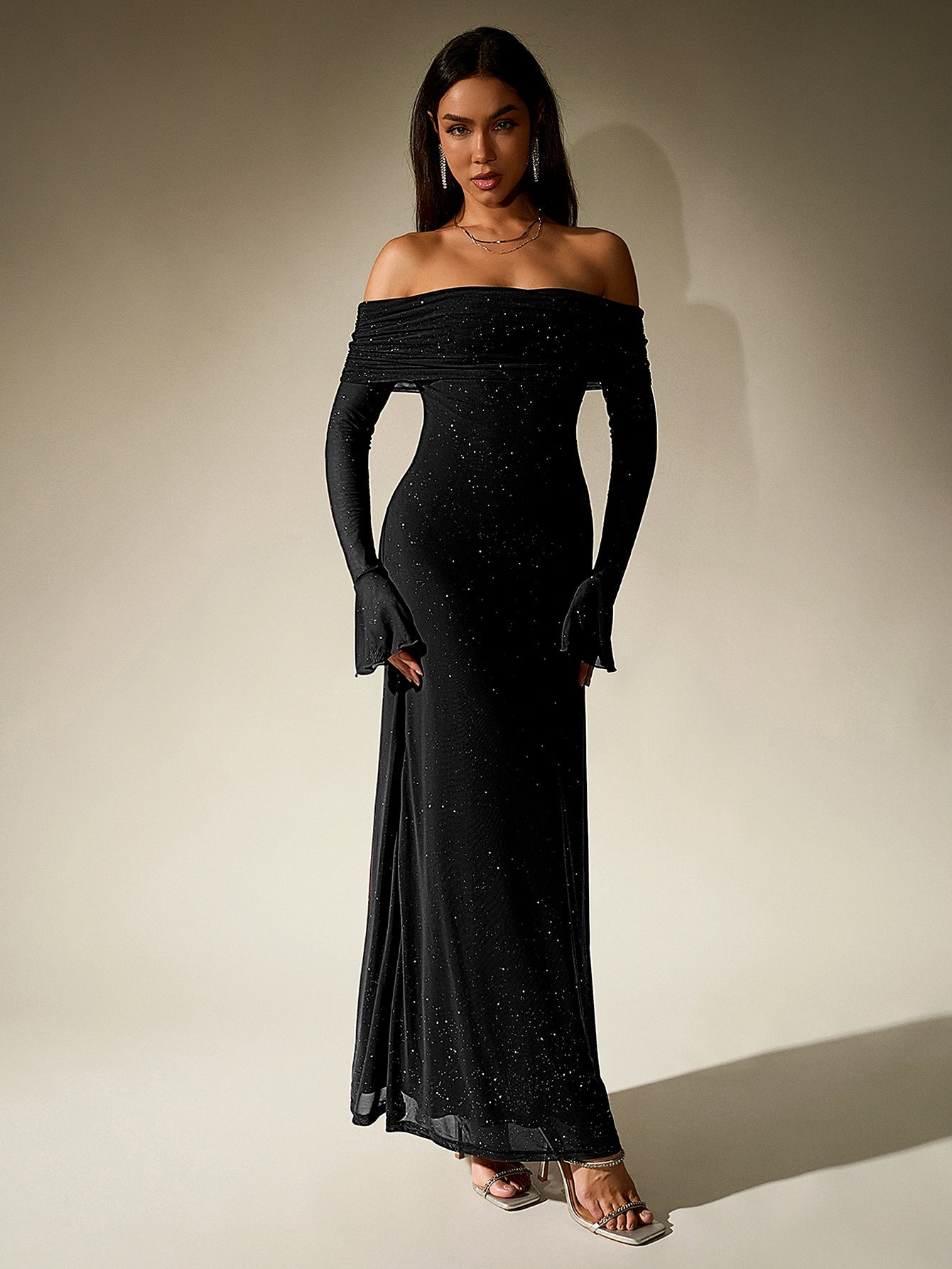 OFF SHOULDER MESH SEQUIN PARTY DRESS