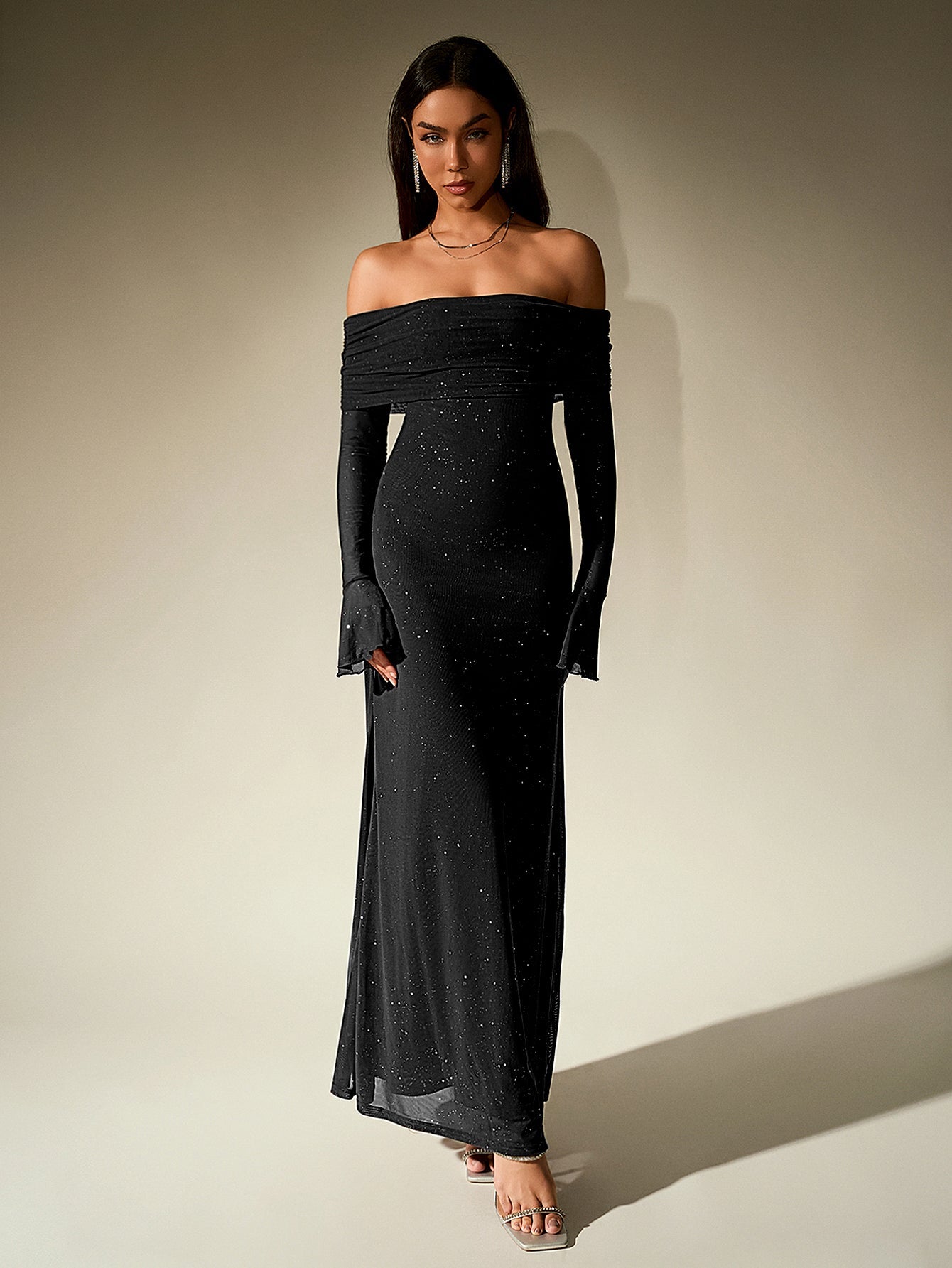 OFF SHOULDER MESH SEQUIN PARTY DRESS