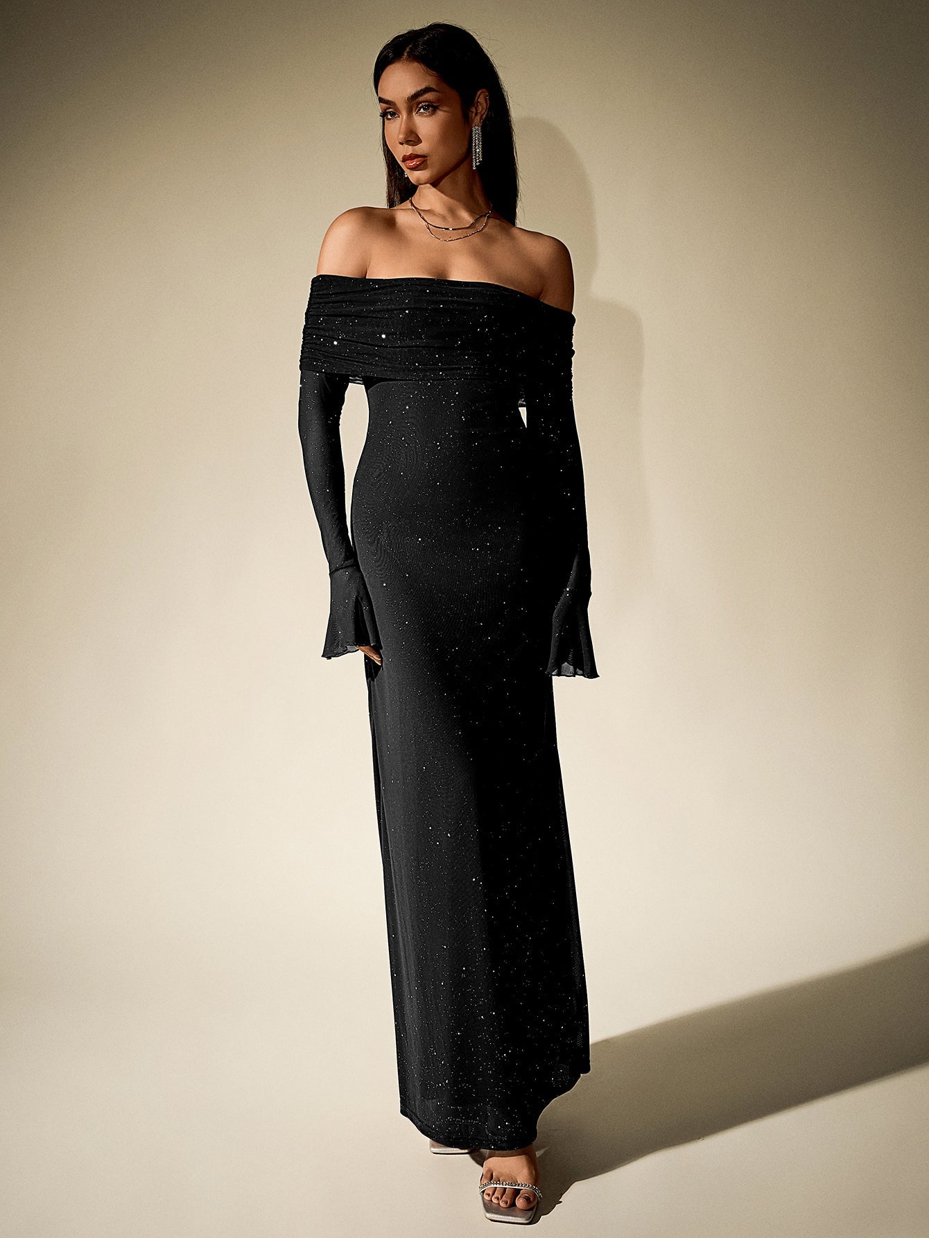 OFF SHOULDER MESH SEQUIN PARTY DRESS