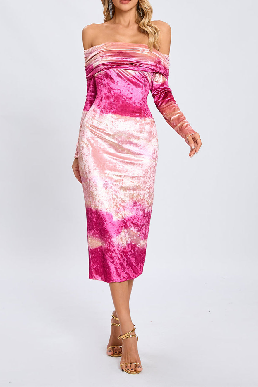 DONNA PINK OFF-SHOULDER VELVET MIDI DRESS