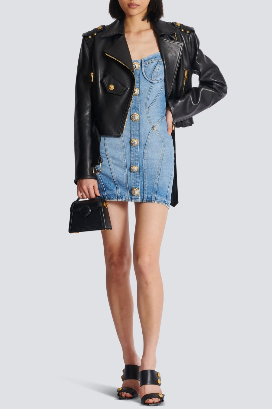 OGANA GOLD BUTTON DENIM MINI DRESS, CASUAL