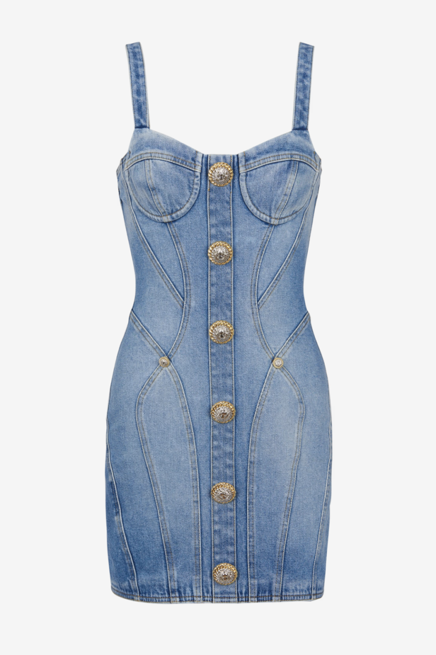 OGANA GOLD BUTTON DENIM MINI DRESS, CASUAL