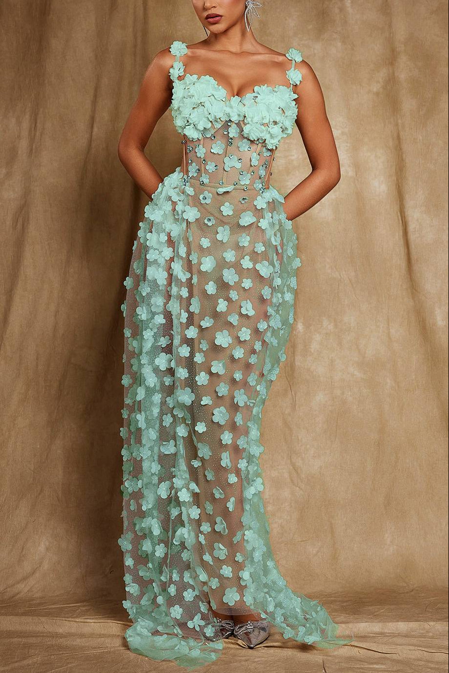 OKSANA GREEN FLORAL CORSET MAXI DRESS