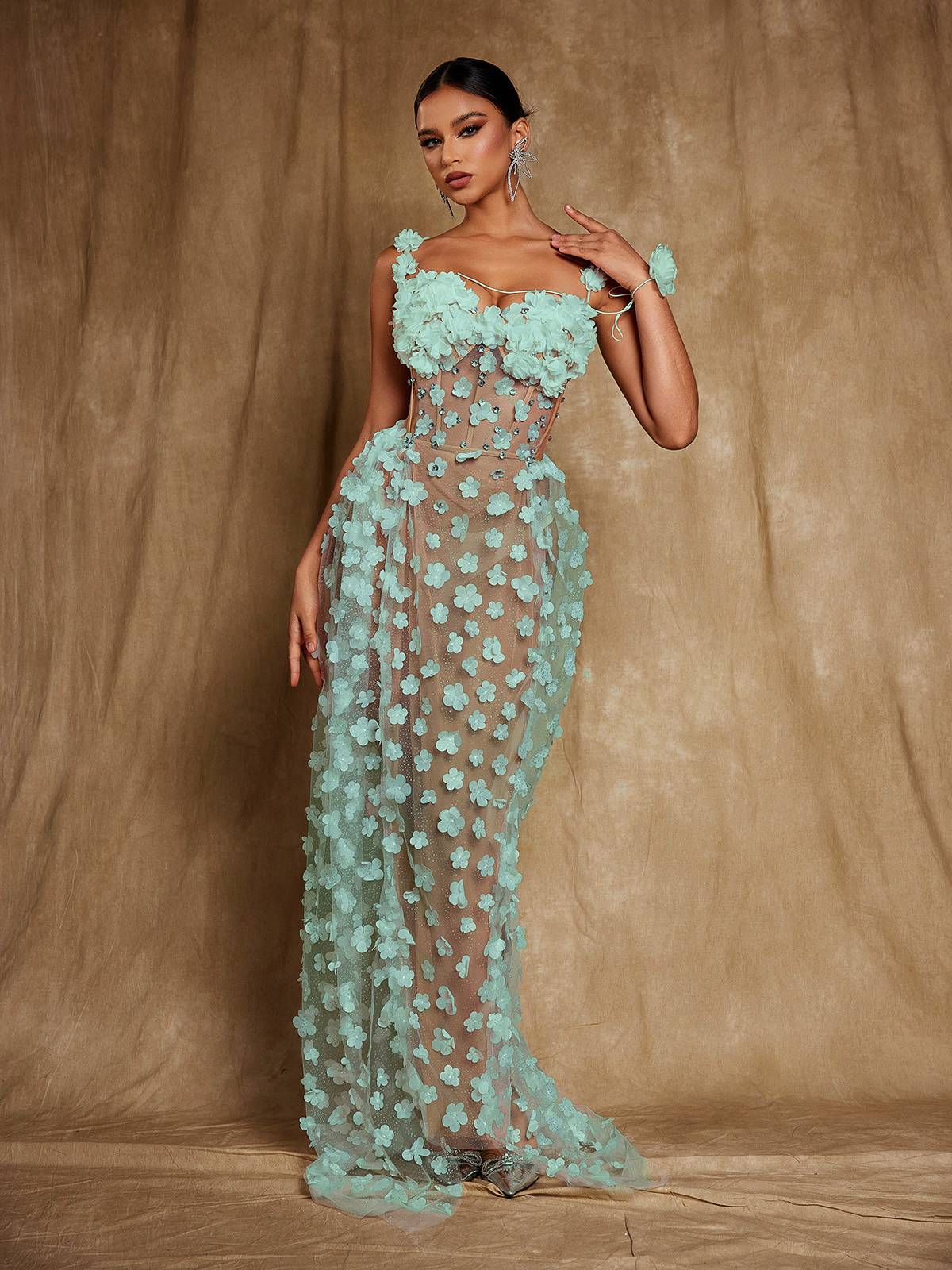 OKSANA GREEN FLORAL CORSET MAXI DRESS