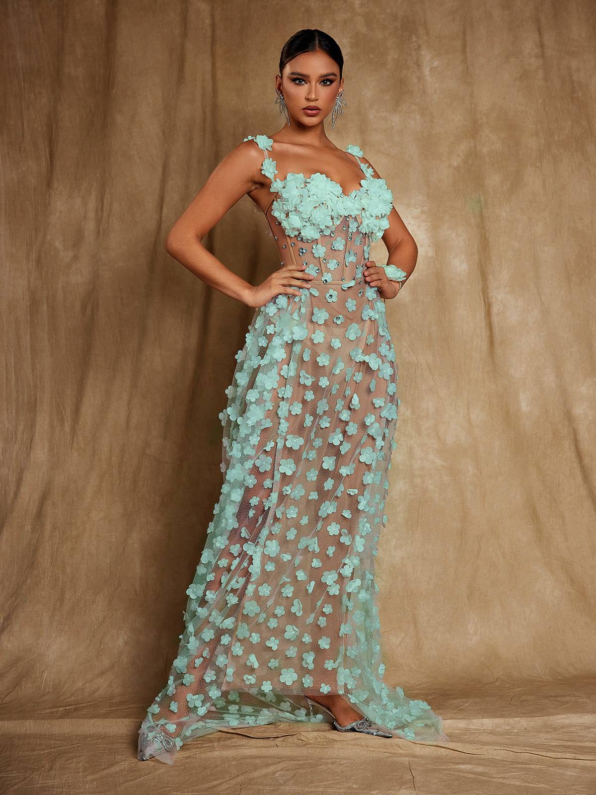 OKSANA GREEN FLORAL CORSET MAXI DRESS