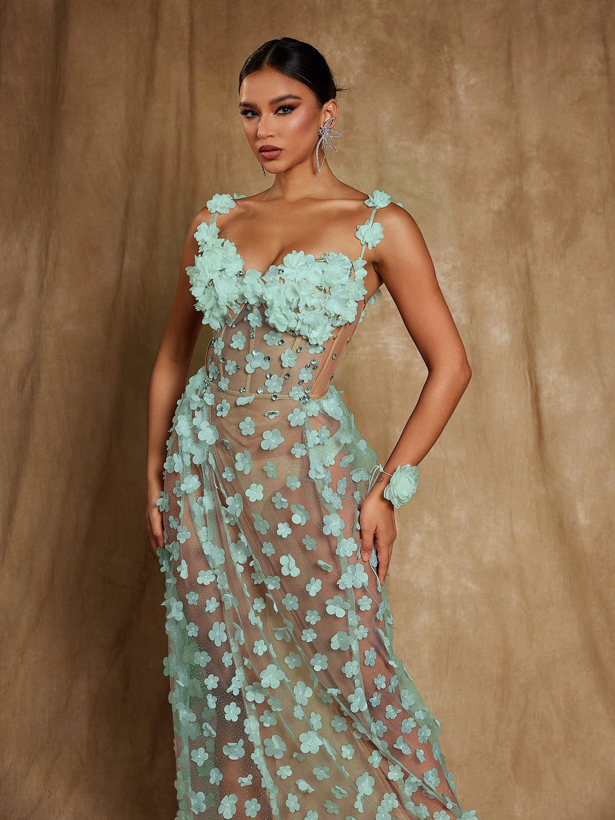 OKSANA GREEN FLORAL CORSET MAXI DRESS