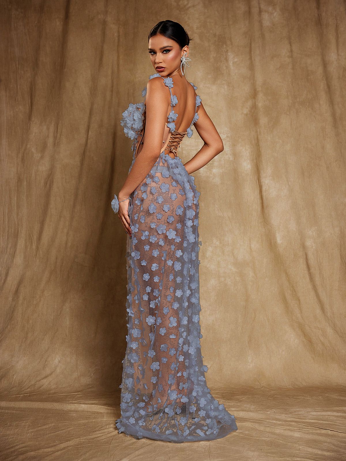OKSANA BLUE FLORAL CORSET MAXI DRESS