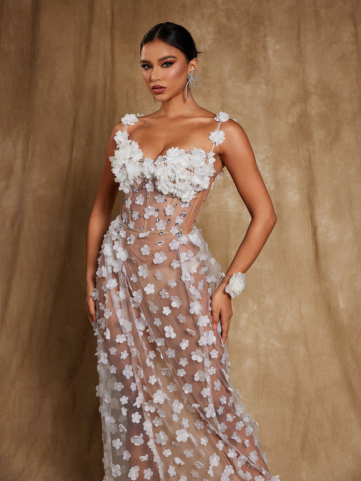 WHITE OKSANA SPAGHETTI CORSET FLOWER MAXI DRESS