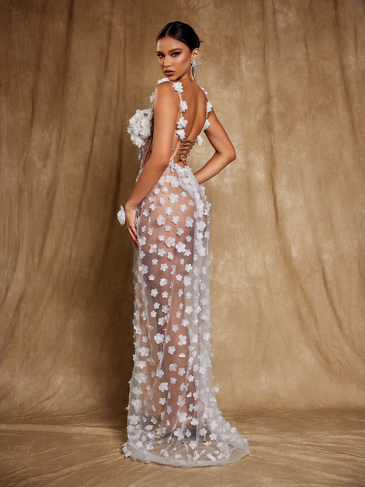 WHITE OKSANA SPAGHETTI CORSET FLOWER MAXI DRESS