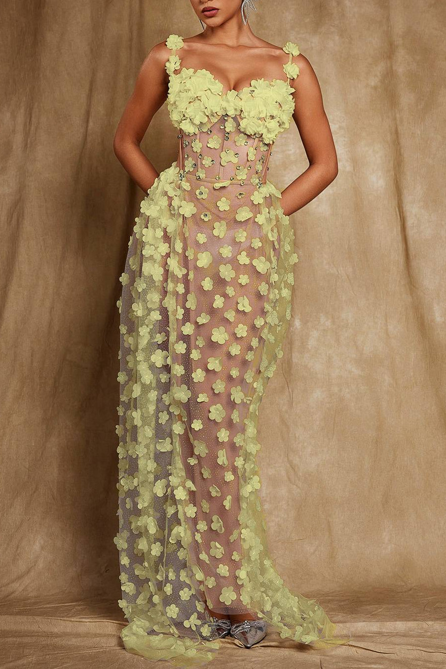 Oksana Spaghetti Flower Corset Maxi Dress In Yellow