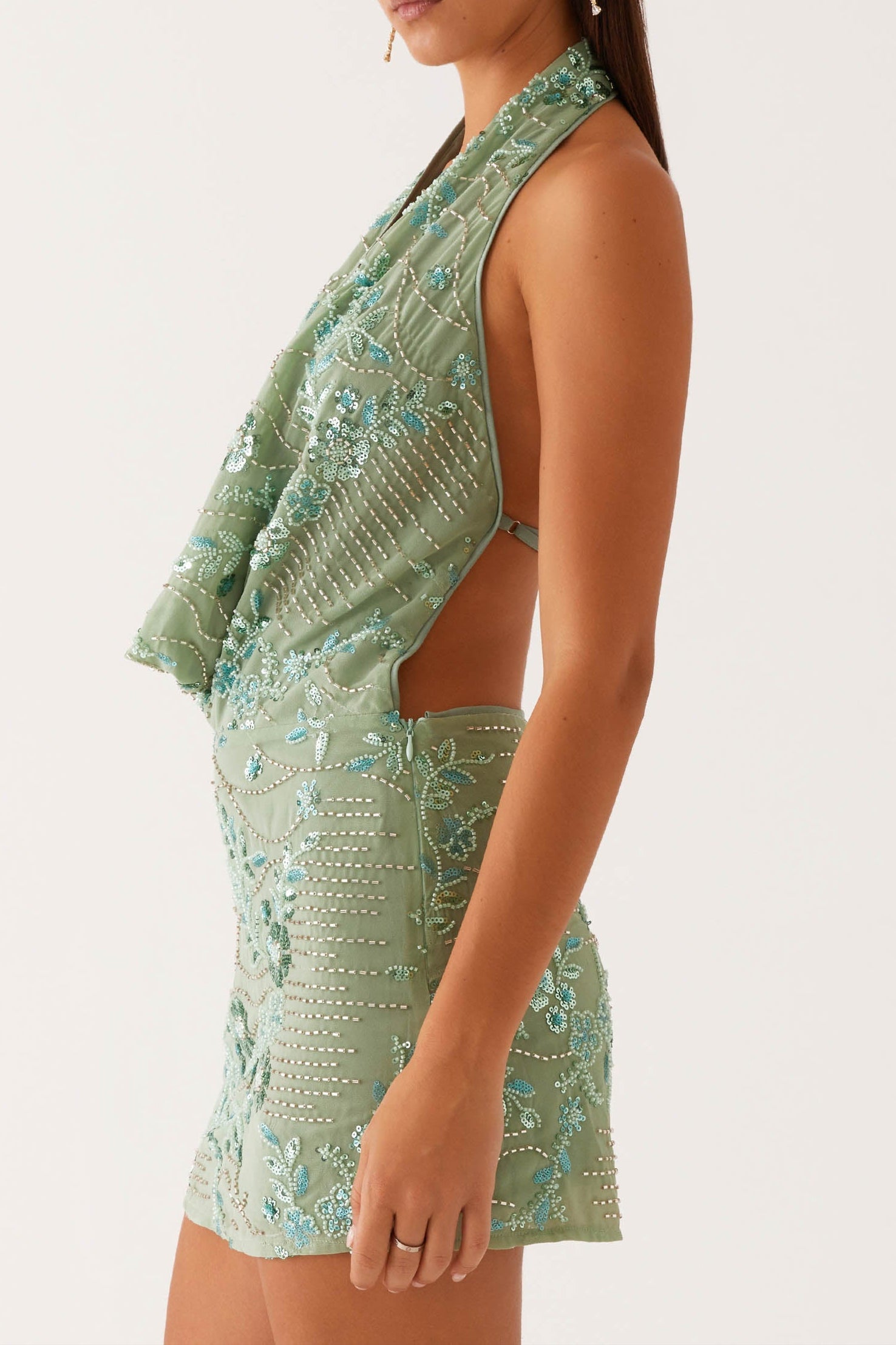 COWL NECK BEADED MINT MINI DRESS
