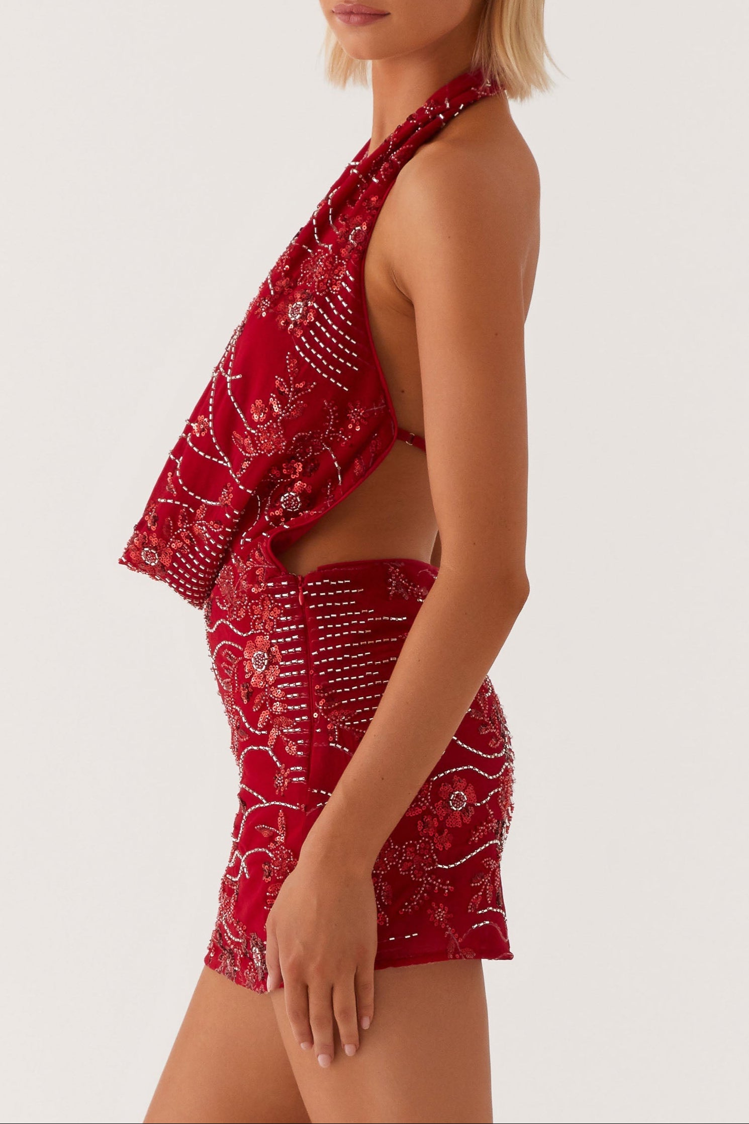 COWL NECK BEADED RED PARTY DRESS